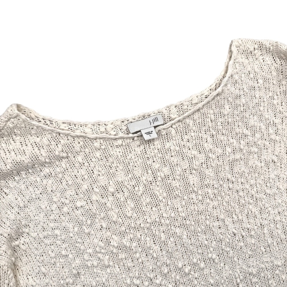 J. Jill Popcorn Knit Sweater Women L Cream Cotton Scoop Neck Button Tab Long Slv